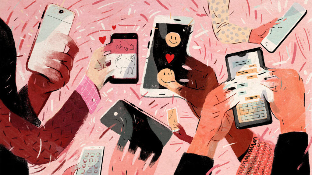 Ilustração que demonstra o uso excessivo de ecrãs e tecnologia